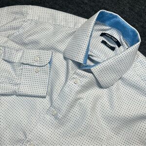 Nine West Shirt Mens Medium 15-15 1/2 Blue Slim Fit Long Sleeve Flip Cuff Dots